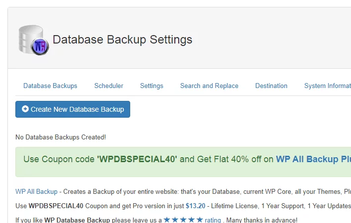 Создание резервной копии через WP Database Backup Резервная копия в WordPress