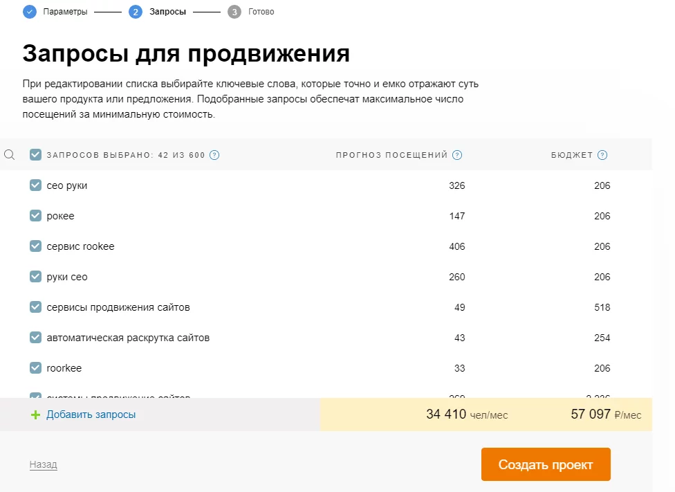 подбор запросов для продвижения в сервисе Rookee запросы в Rookee