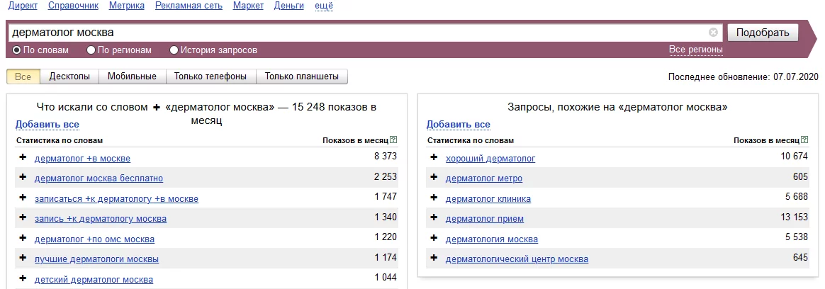 Подбор запросов через Яндекс.Вордстат Пример запросов Яндекс.Вордстат
