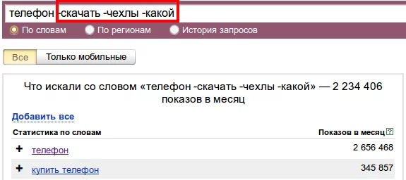 Задать минус-слова в Яндекс.Wordstat Минус-слова