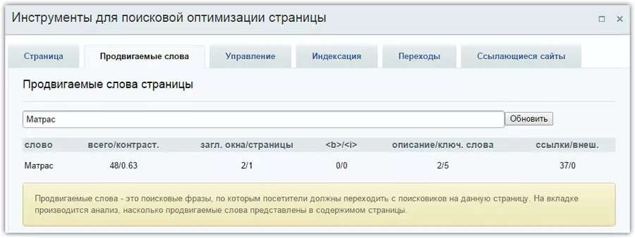 Статистика по ключевым словам на странице Статистика по ключевым словам
