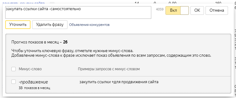 Уточнение минус-слов для каждого ключа Как найти минус-слова