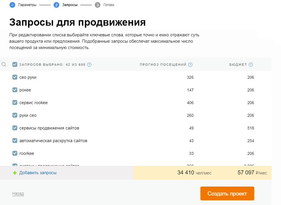 подбор запросов для продвижения в сервисе Rookee запросы в Rookee