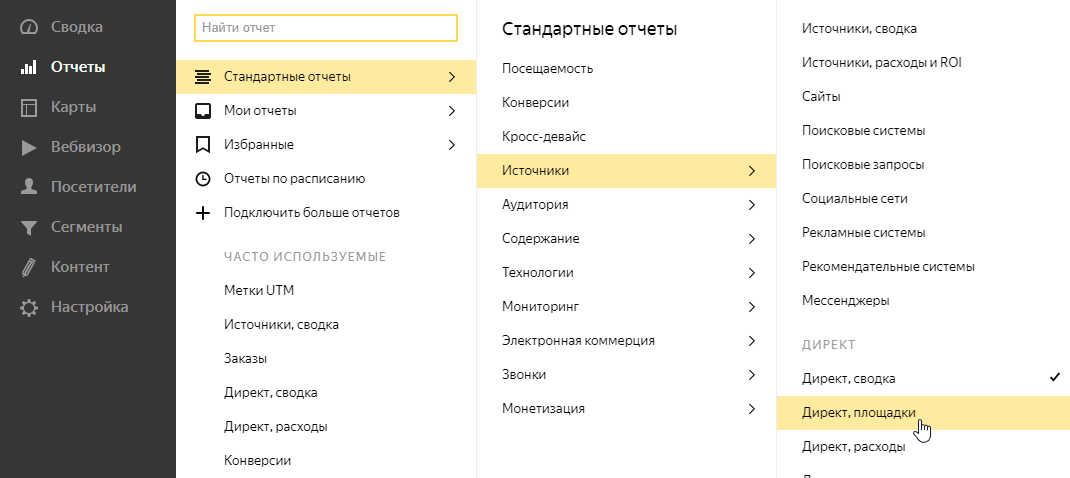 Опция Директ.Площадки Просмотр площадок для рекламы