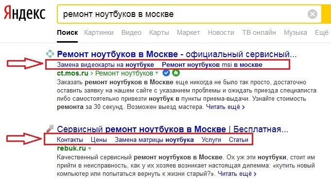Быстрые ссылки в выдаче Яндекса Быстрые ссылки в Яндексе