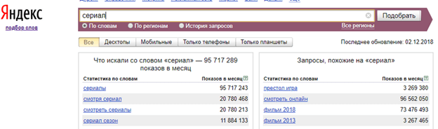 Запрос "сериал" - статистика Wordstat Запрос "сериал"