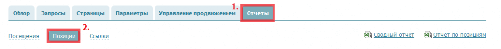 Вкладка «Отчеты» и ссылка «Позиции»