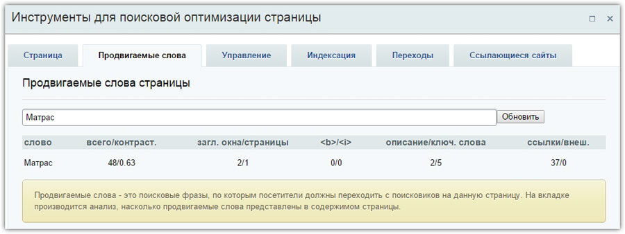 Статистика по ключевым словам на странице Статистика по ключевым словам